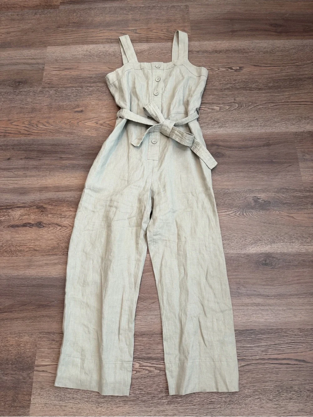 Everlane The Linen Picnic Jumpsuit Seagrass Sage Green Tie Waist Casual Size 2